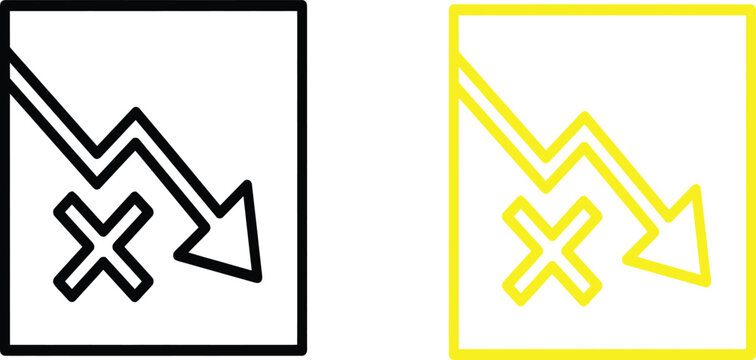 Financial Crisis and Bankruptcy Concept Line Icon Featuring Downward Arrow Graph and Cross Failure Symbol in Black and Yellow Color Schemes