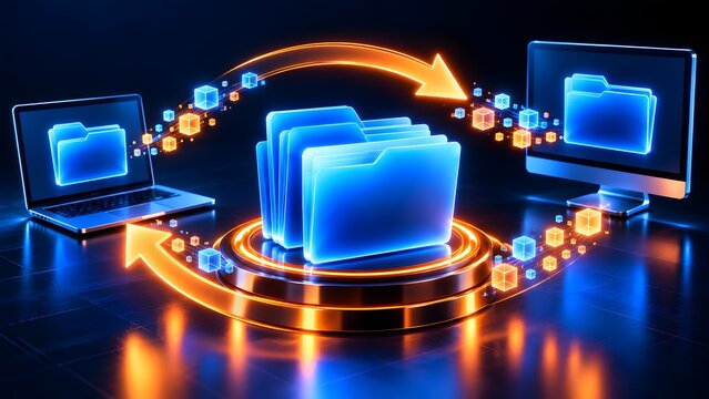 Data migration concept with digital folders transferring cube particles between laptop and computer monitor