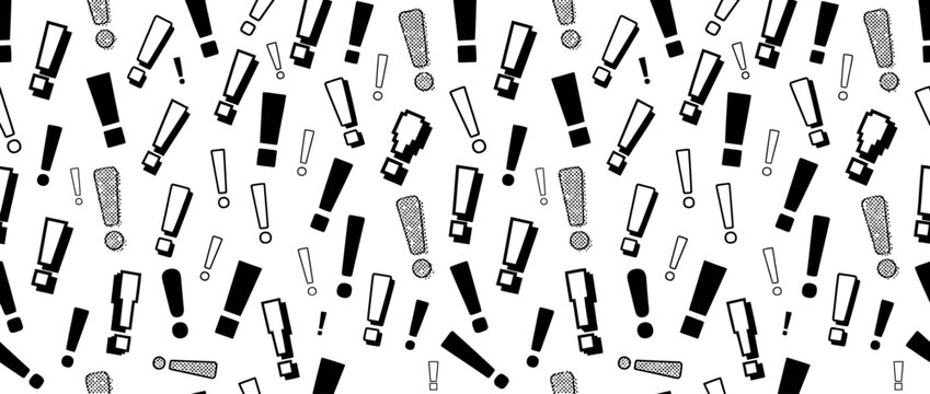 Seamless pattern of black exclamation marks isolated on white background featuring various hand drawn and digital styles as a versatile vector graphic for creative warnings and note designs