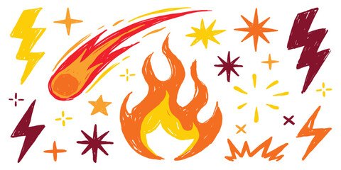 colorful set of fire flame icons, cartoon fire and sparkle stars collection © Imane