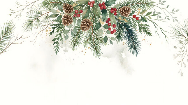 Beautiful watercolor christmas arrangement of botanical elements including pine branches vibrant red berries and detailed pinecones on a clean white background