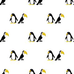 Fototapeta premium Cute Penguin and Toucan Bird Couple Seamless Vector Pattern Background Isolated on White Background
