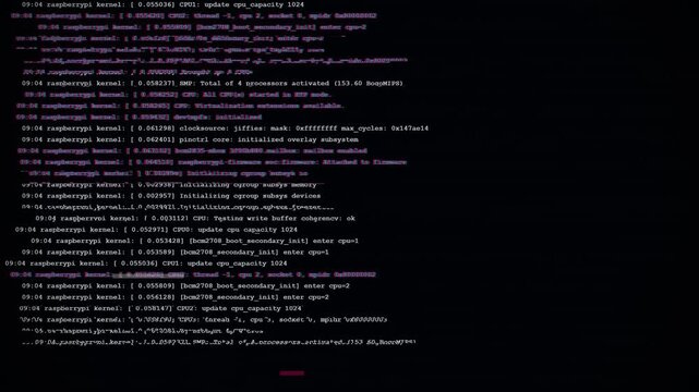 Digital computer terminal screen with white system logs and programming code on a black background