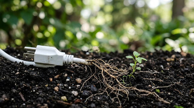 Electric Plug with Roots in Soil
