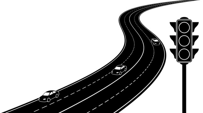 Winding road with cars and traffic light black and white minimalist flat vector illustration icon