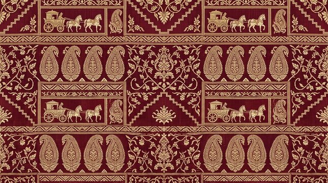 Seamless Baluchari Silk Brocade Pattern with Gold Zari Paisley and Floral Vines on Maroon