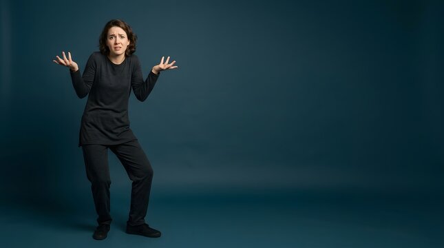 Confused woman shrug and questioning face for studio portrait, body language and expressive reaction. Female, person and shrugging with hands up for problem, doubt and uncertainty in dark studio area