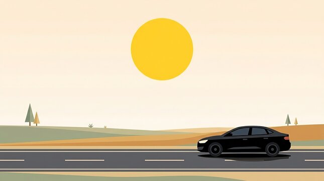 Black car side view driving on highway road under big sun flat vector illustration background