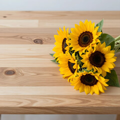 Fototapeta premium Summer wellness and happiness, bouquet of fresh sunflowers on a rustic wooden table for home decor and interior design inspiration with copy space