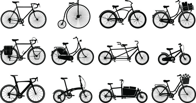 Set of Various Bicycle Silhouettes: Road Bike, Vintage Penny Farthing, Tandem, Cargo Bike, and Folding Bike Vector Icons for Cycling Enthusiasts, Sports Graphics, and Design Projects.