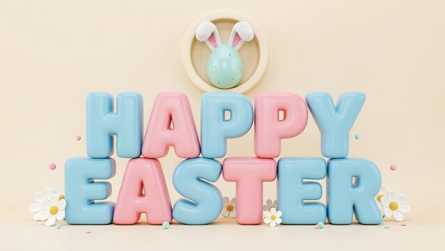 Happy easter 3D text with a bunny egg in a circular frame and flowers on a light beige background