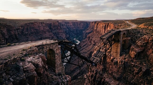 A dramatic photograph captures a weathered, black iron bridge spanning a deep canyon. The bridge, constructed with stone pillars, is partially collapsed, adding to the scene's rugged beauty.