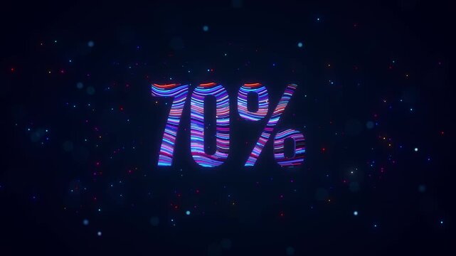 3D animation of futuristic 70 percent typography featuring rotating colorful blue and purple flowing lines, glowing particles, luminous bokeh, and vibrant digital energy against dark background.