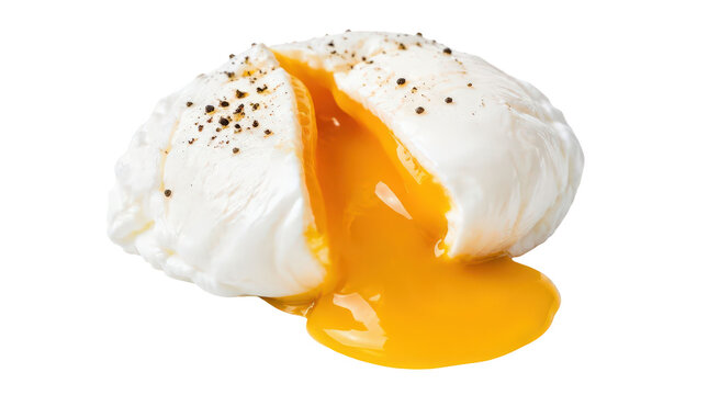 A perfectly cooked poached egg with a runny golden yolk isolated on white background.