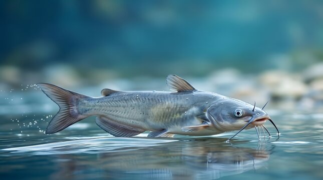 Catfish, fish and swimming in river for fishing, wildlife and aquatic life nature. Channel cat, fins and whiskers in water with splash, underwater and stream for hobby, fresh seafood and angling.