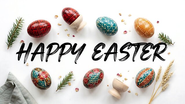 Happy easter greeting with colorful hand-painted eggs, pine sprigs, wheat stalks, and a grey linen napkin on a white background