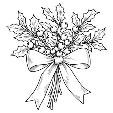 Christmas Bow with Berries and Holly Leaves
