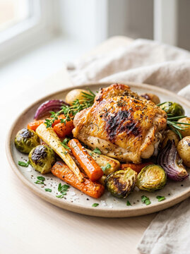 Roasted chicken with carrots, potatoes, Brussels sprouts, and onions served on a plate at home. Comforting homemade meal for a family dinner.