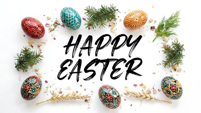Happy easter text surrounded by a frame of colorful hand-painted easter eggs, pine branches, wheat stalks, and dried flower petals