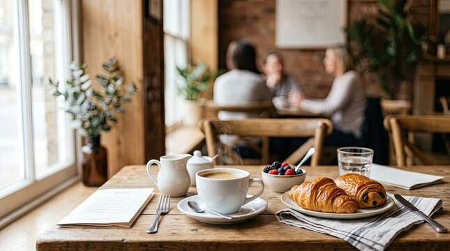 A warmly lit cafe scene features a table set for breakfast. A cup of coffee with a saucer, a spoon, and a plate of croissants and berries are arranged on a wooden table.