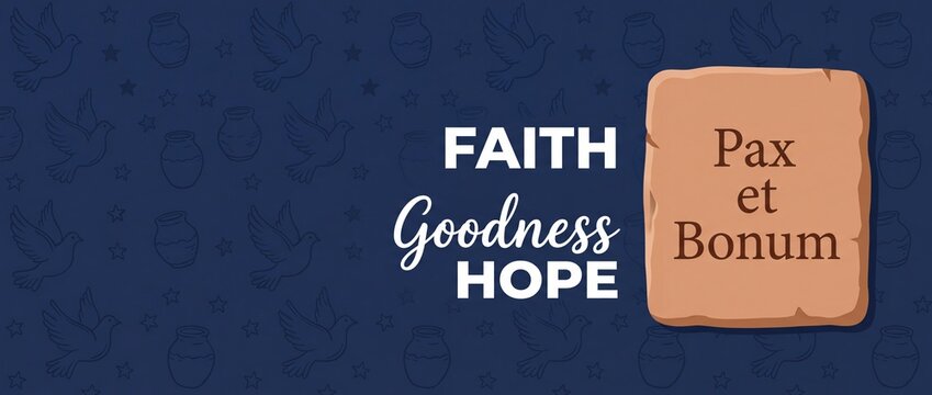 Christian Faith Hope Goodness Banner with Pax Et Bonum Latin Motto Stone Tablet on Dark Blue Background Featuring Flying Doves Stars and Clay Jar Pattern for Religious Gospel Graphic Banner Header Des