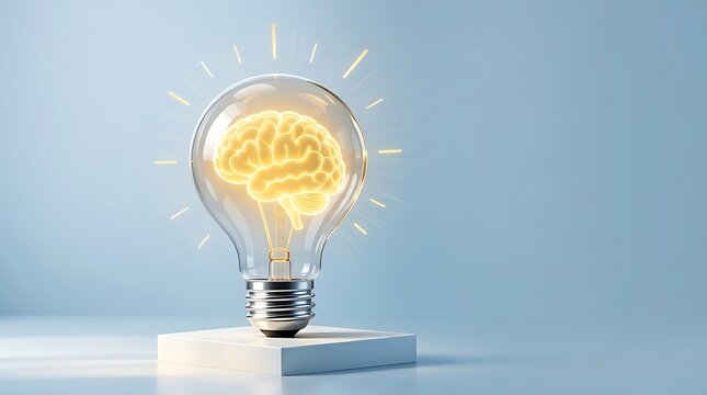Glowing light bulb with a golden human brain inside on a white pedestal against a light blue background, representing creativity, innovation, intelligence, and a brilliant idea for business.