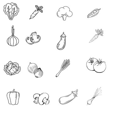 Set of hand-drawn vector outline vegetable icons including carrots, tomatoes, onions, mushrooms, and leafy greens on a white background