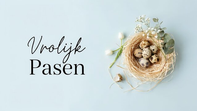Quail eggs in a small straw nest with spring flowers and vrolijk pasen text on a light blue background, for easter greeting