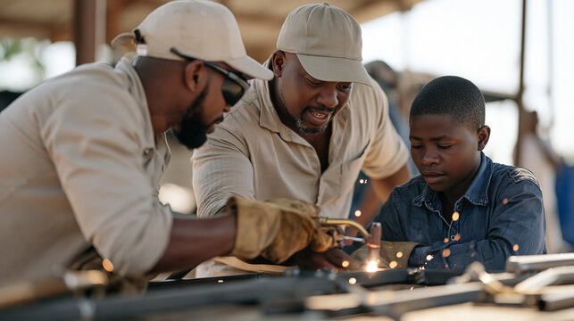 A welder from an overseas volunteer skills program teaches a teenage Malawian apprentice at an outdoor workshop, vocational training initiative, trade skills transfer, African