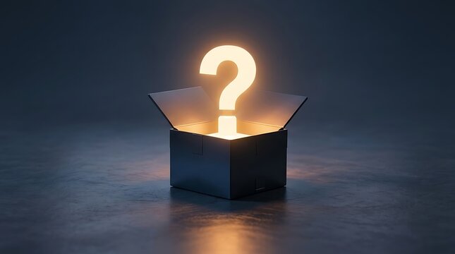 Glowing Golden Question Mark Symbol Emerging from an Open Mystery Box on Dark Textured Background, Concept of Curiosity, Unknown Discovery, Problem Solving, and Hidden Secrets Illustration