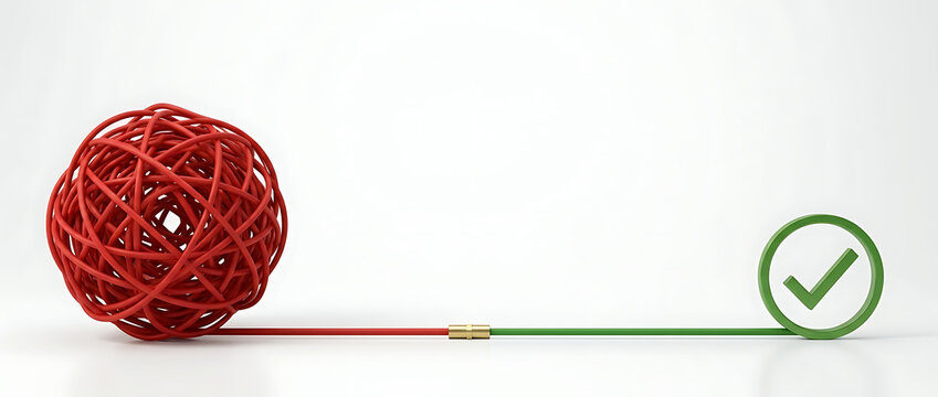 Concept of problem solving and finding solution represented by tangled red cable unravelling into straight green line with checkmark symbol, symbolising simplicity and successful outcome.