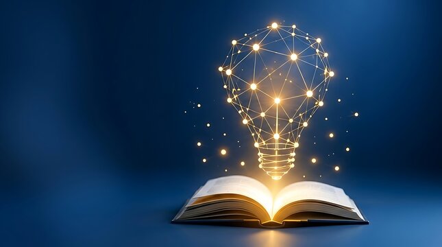 Abstract concept of digital innovation and education featuring a glowing network lightbulb floating above an open book on a deep blue background, symbolizing creative ideas and knowledge.