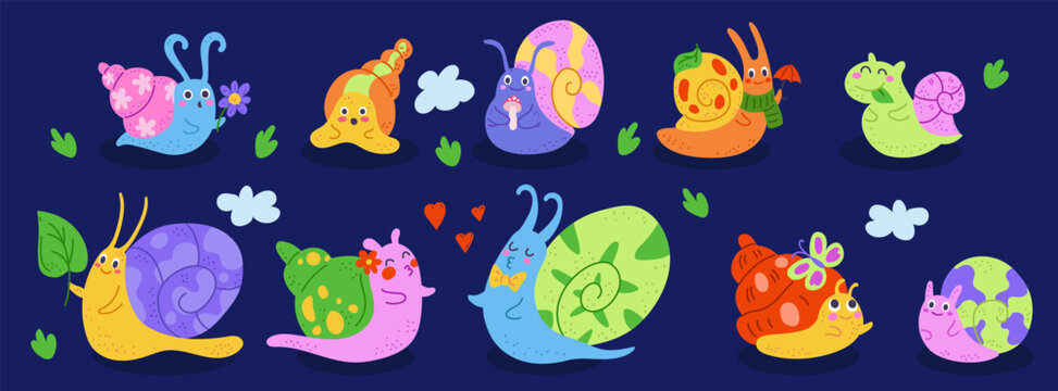 Kawaii snail. Baby cute character, cheerful happy shells, leisurely creature, animal slimy spiral, drawing spring, children tidy mascot with flowers and leaves. Vector cartoon isolated illustration