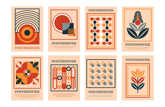 Postmodern geometric poster. Bold print, abstract cover, brutalism pattern, minimal simple shapes, collage vintage form, banner with botanical motifs. Vector cartoon flat style isolated illustration