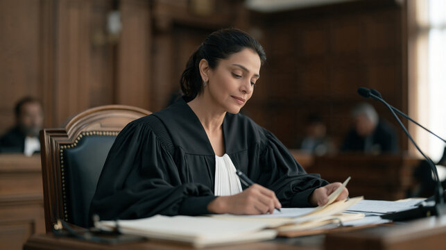 A Bengaluru senior female judge reviews case files in a wood-paneled courtroom, legal profession, Indian judiciary, justice system, South Asian woman in law, formal institutional