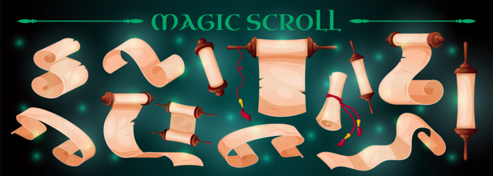 Magic map scroll. Game icons with parchment paper frame, papyrus book, ancient letters and ribbon manuscript, historical adventure borders, blank curled rolls. Vector cartoon isolated illustration