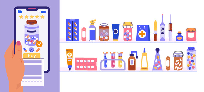 Medicine app. Online pharmacy, phone held in hand, prescription pills, tablets, capsule bottles and vitamin product packs, web doctor service, health care application. Vector cartoon isolated concept
