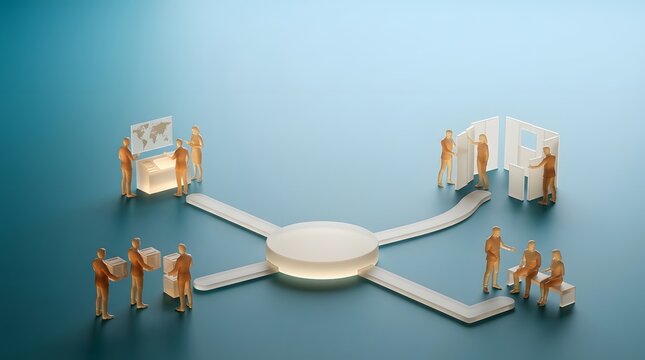 Logistics, global network and business supply chain with miniature figures for trade, distribution and transport infrastructure. Hub, connection and management in warehouse for export, commerce and s