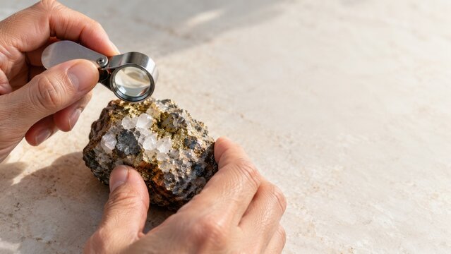 Hand inspecting a rock sample with a small jeweler loupe