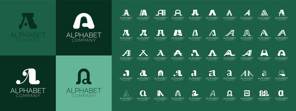 Letter A logos. Alphabet monograms with serif, script, geometric outline fonts, simple corporate badges for business branding, marketing signs, company identity. Vector typographic isolated logo set