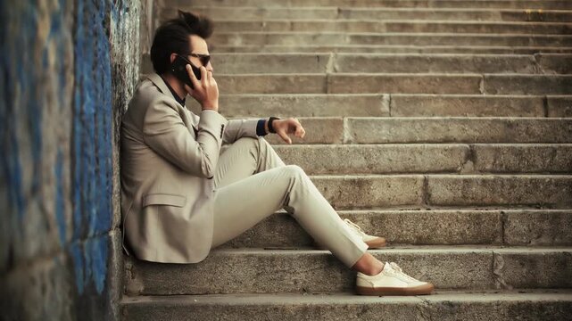 Businessman Talking On Smartphone While Sitting On Stone Steps Outdoors