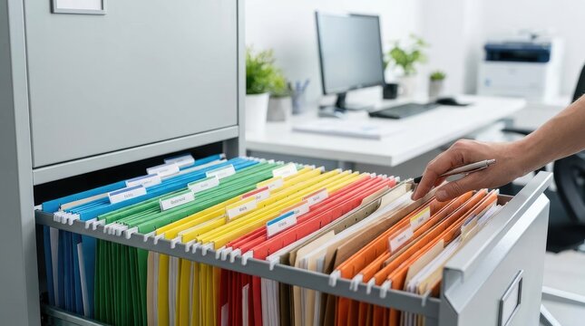 A person pulls out a drawer filled with colorful file folders from a gray office filing cabinet. The drawer is organized with folders of different colors, each labeled with a descriptive tag.