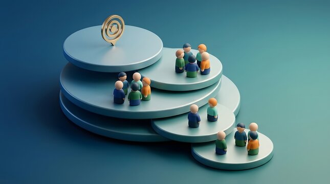 Business growth strategy, people on tiers for success and reaching target. Career development, professional team and corporate ladder with achievement, performance and leadership for management