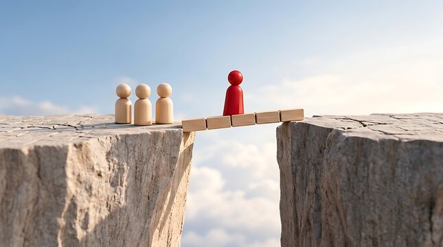 Conceptual leadership and risk-taking showing a red wooden figure crossing a bridge over a deep abyss between two high rocky cliffs, symbol of overcoming obstacles and business strategy.