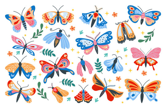 Butterfly cute. Wings cute decor. Animal sweet for children. Insect is garden. Design is for kid. Colorful moth, flowers and leafy sprigs. Spring decoration. Vector tidy cartoon flat illustration