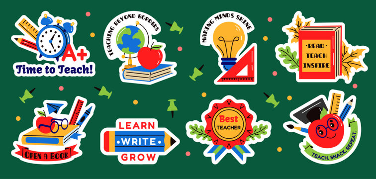 Teacher sticker. Cute patch with apple, pencil. Doodle notebook stationery. Medal of best educator. School award for education slogans. Holiday gift patch. Vector tidy cartoon flat style isolated set