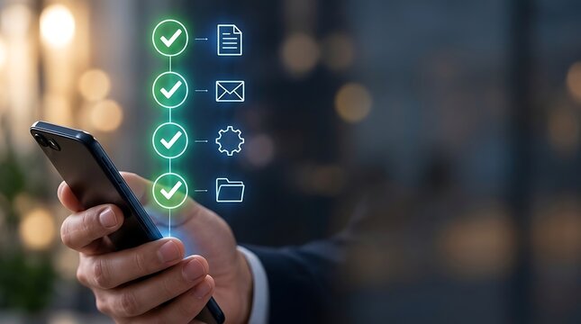 Businessman holding smartphone with digital glowing checklist and workflow process icons for efficient task management and automation in modern office environment with blurred bokeh background
