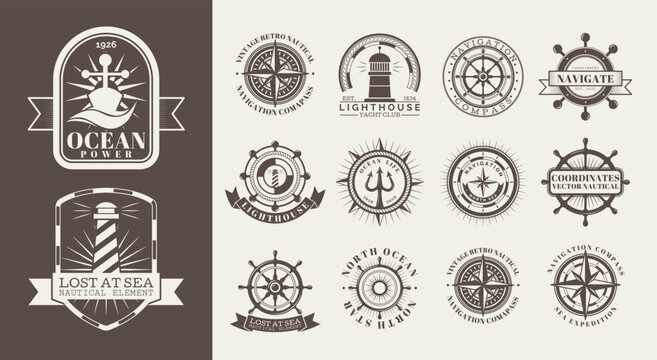 Sea emblem. Retro lighthouse logo. Ship anchor icon. Travel steering wheel design. Vintage water label. Golden compass. Wind rose branding. Vector garish graphic monochrome isolated illustration set