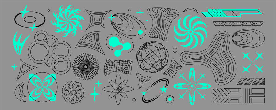 Shape futuristic. Y2K abstract design, neon gradient element with glow. Geometric retro aesthetic. Acid modern decoration with black and turquoise contours. Vector graphic isolated illustration set