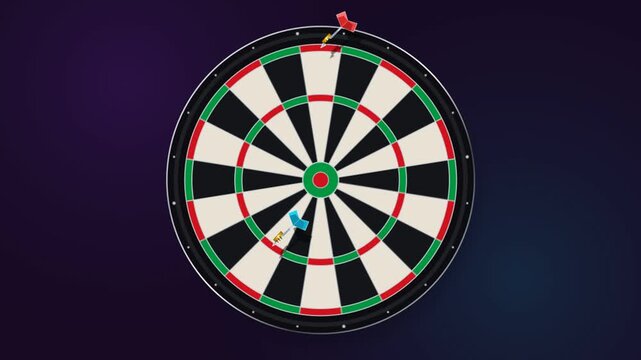 Dartboard with colorful arrows hitting different sections on a dark purple background.